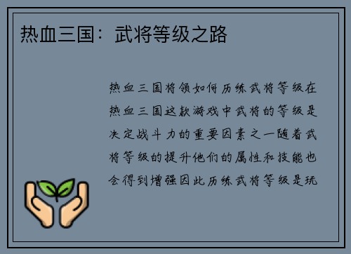 热血三国：武将等级之路